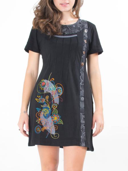 Robe noire asymétrique avec motif ethnique rayon de lune