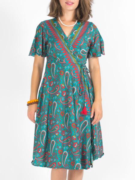 Robe cache-coeur mi-longue turquoise imprimée paisley