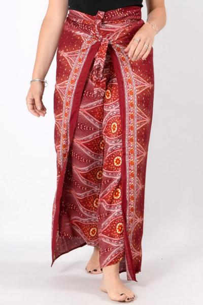 Pantalon fendu fluide bordeaux à motif oriental style hippie chic