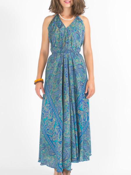 Robe longue dos nu en soie colorée à motif paisley bleu vert