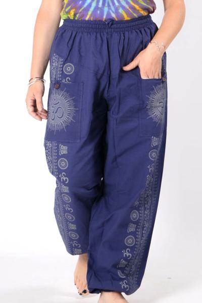 Pantalon bouffant bleu à frise ethnique et motif Om latéral