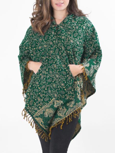 Poncho à capuche vert à grand motif cachemire en laine