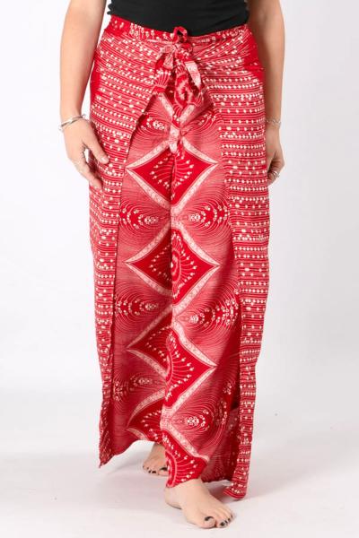 Pantalon fendu fluide rouge à motif oriental style hippie chic