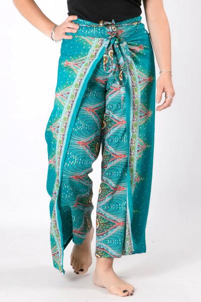 Pantalon fendu fluide vert à motif oriental style hippie chic